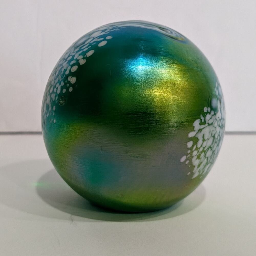 Vintage 1982 Art Glass Paperweight Iridescent Blue Green Spatter Swirl Orb